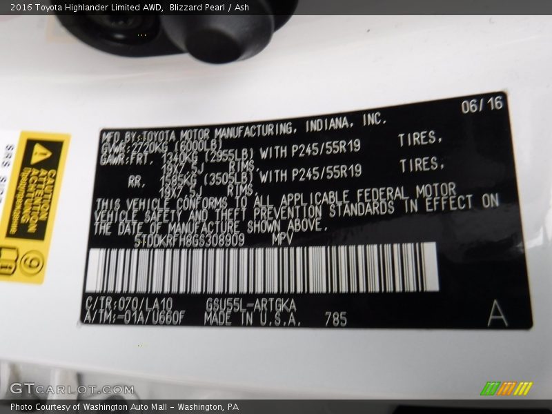 Blizzard Pearl / Ash 2016 Toyota Highlander Limited AWD