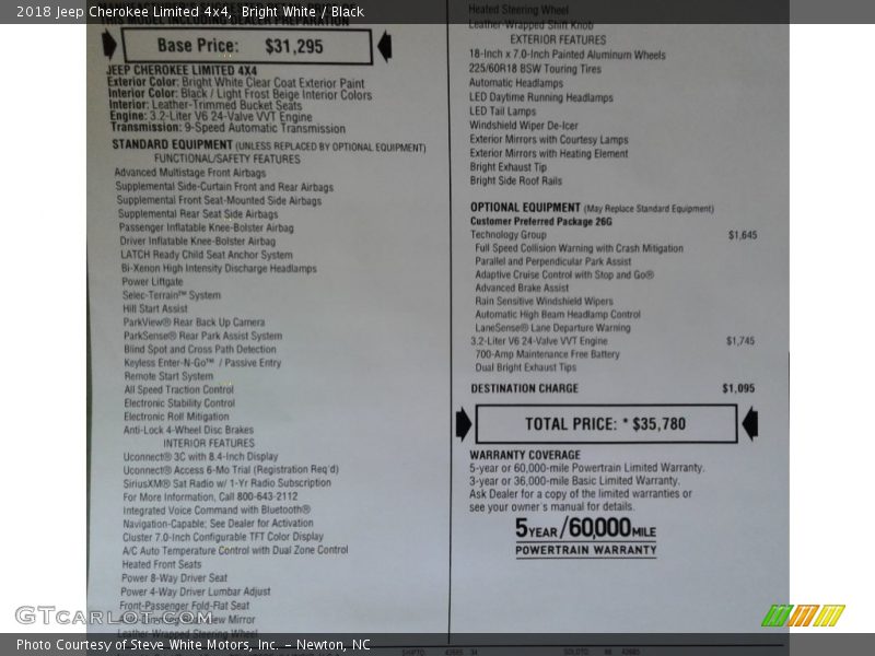 Bright White / Black 2018 Jeep Cherokee Limited 4x4