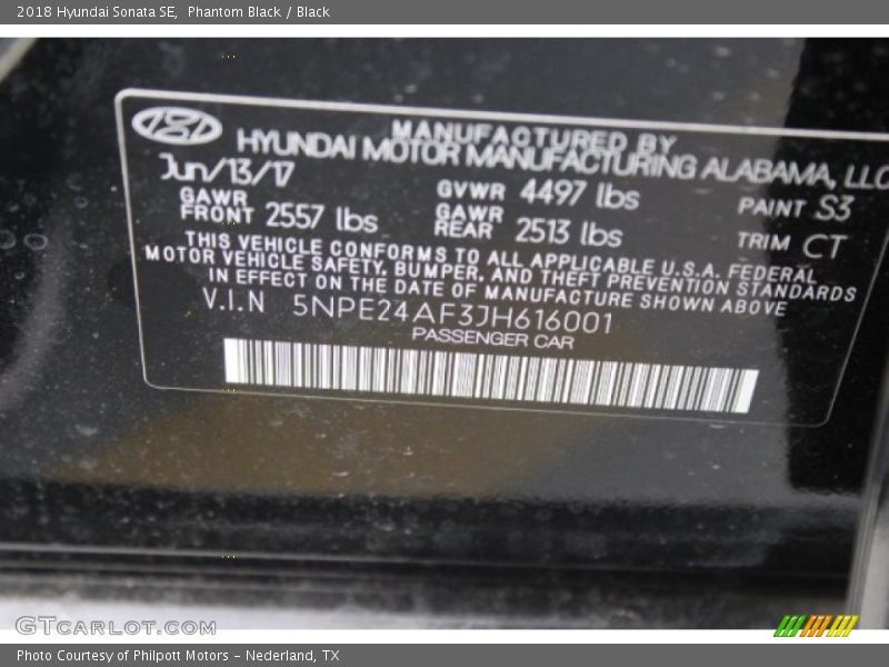 Phantom Black / Black 2018 Hyundai Sonata SE