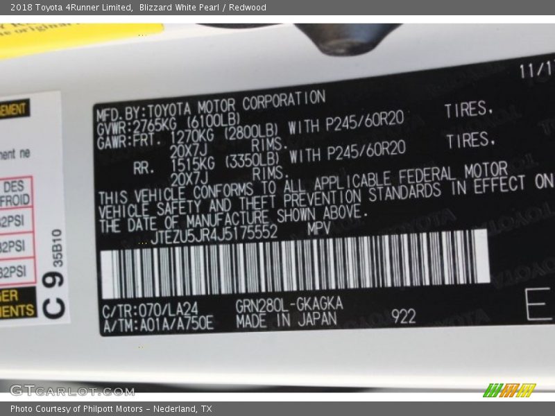 Blizzard White Pearl / Redwood 2018 Toyota 4Runner Limited