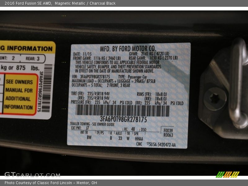 Magnetic Metallic / Charcoal Black 2016 Ford Fusion SE AWD