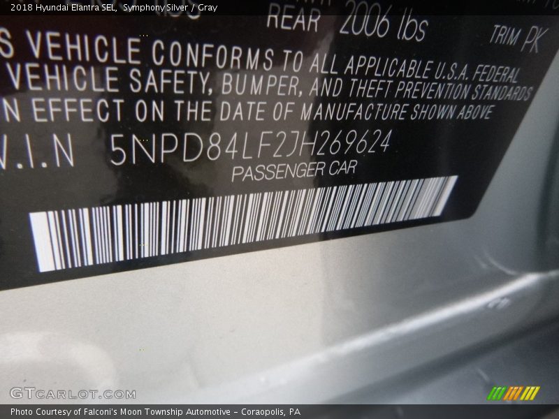 Symphony Silver / Gray 2018 Hyundai Elantra SEL