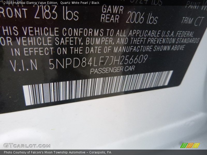 Quartz White Pearl / Black 2018 Hyundai Elantra Value Edition