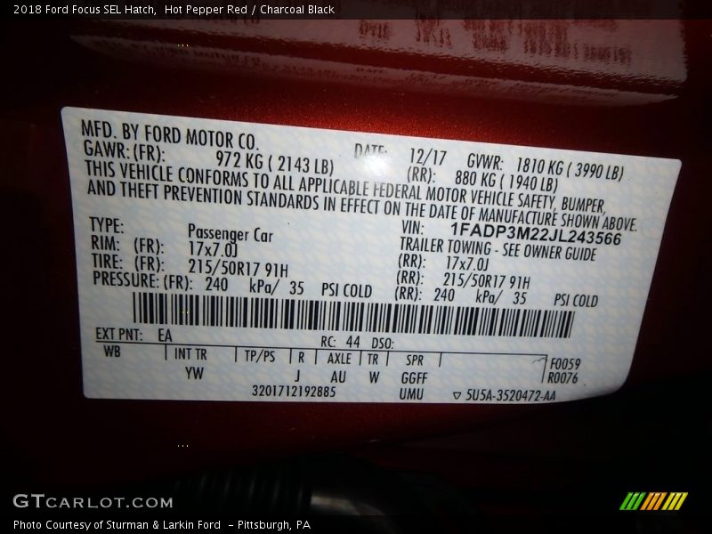 2018 Focus SEL Hatch Hot Pepper Red Color Code EA