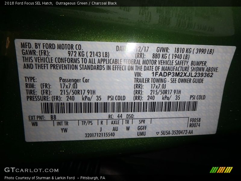 2018 Focus SEL Hatch Outrageous Green Color Code B8