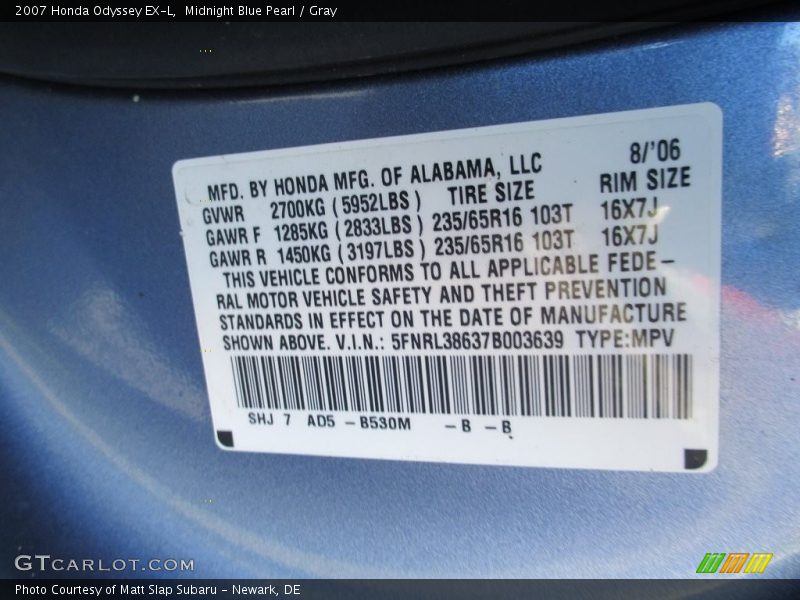 Midnight Blue Pearl / Gray 2007 Honda Odyssey EX-L