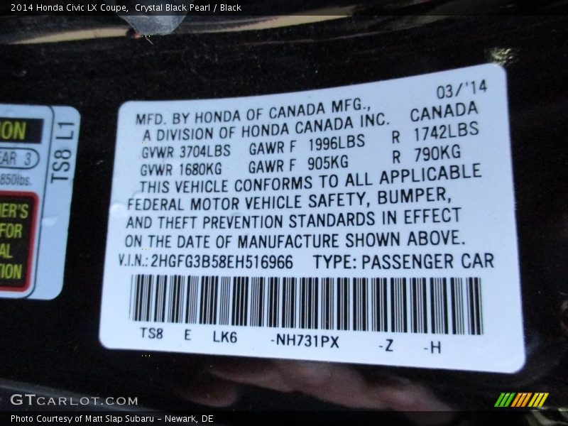 Crystal Black Pearl / Black 2014 Honda Civic LX Coupe