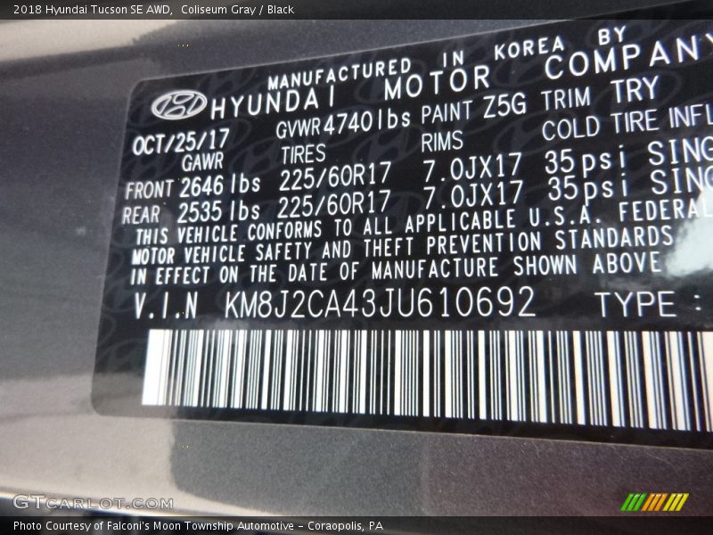 Coliseum Gray / Black 2018 Hyundai Tucson SE AWD