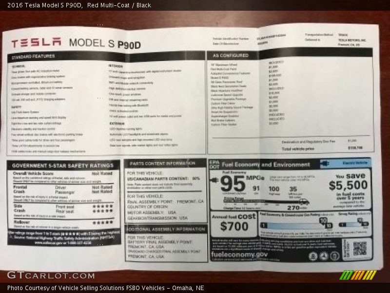  2016 Model S P90D Window Sticker