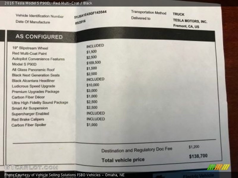  2016 Model S P90D Window Sticker