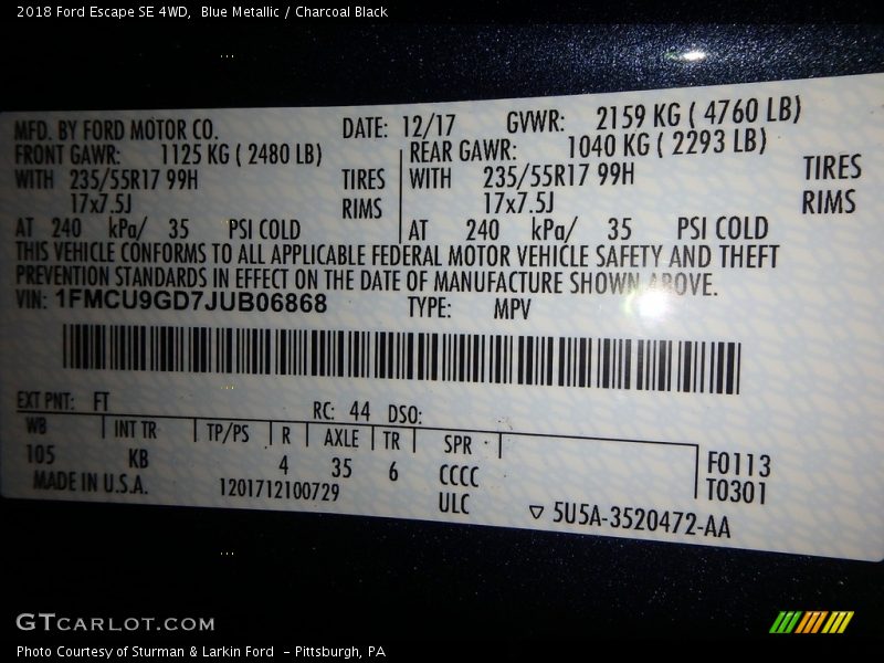 Blue Metallic / Charcoal Black 2018 Ford Escape SE 4WD