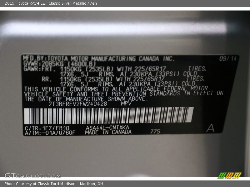 Classic Silver Metallic / Ash 2015 Toyota RAV4 LE