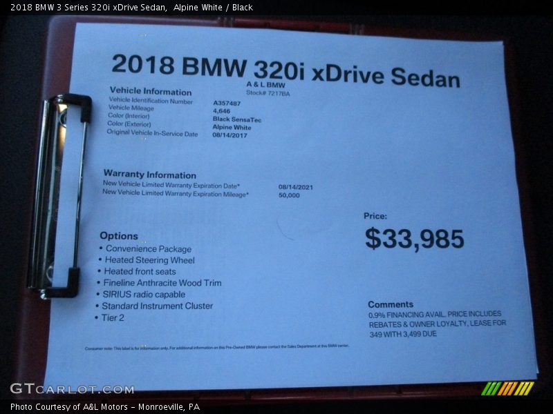 Alpine White / Black 2018 BMW 3 Series 320i xDrive Sedan