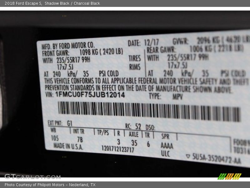 Shadow Black / Charcoal Black 2018 Ford Escape S