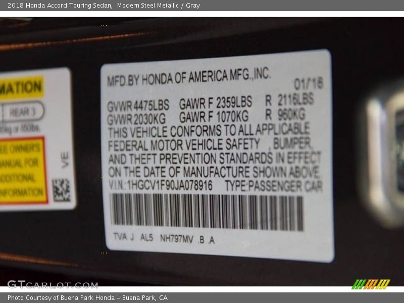 Modern Steel Metallic / Gray 2018 Honda Accord Touring Sedan