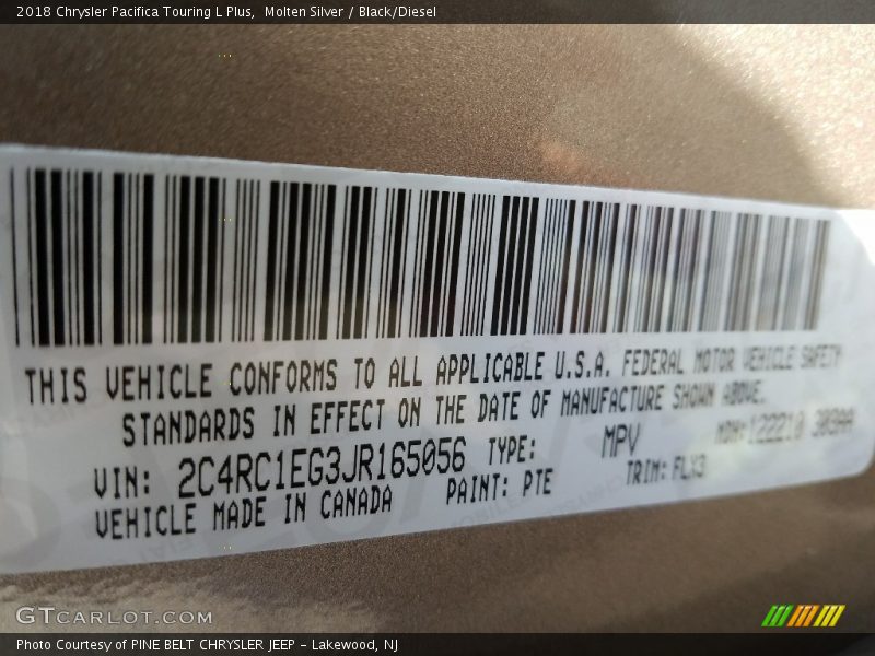 Molten Silver / Black/Diesel 2018 Chrysler Pacifica Touring L Plus