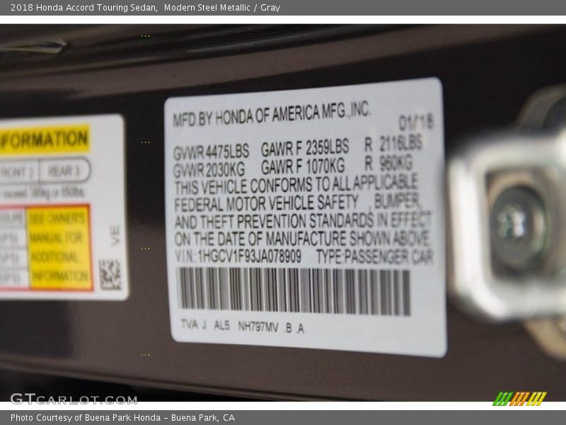 Modern Steel Metallic / Gray 2018 Honda Accord Touring Sedan