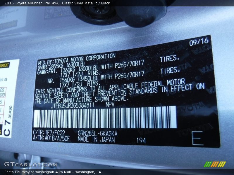 Classic Silver Metallic / Black 2016 Toyota 4Runner Trail 4x4