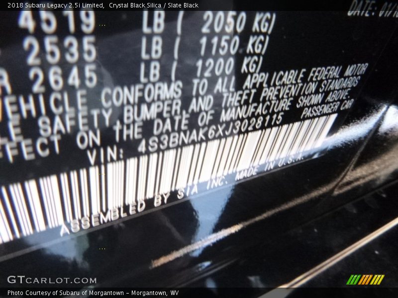 Crystal Black Silica / Slate Black 2018 Subaru Legacy 2.5i Limited