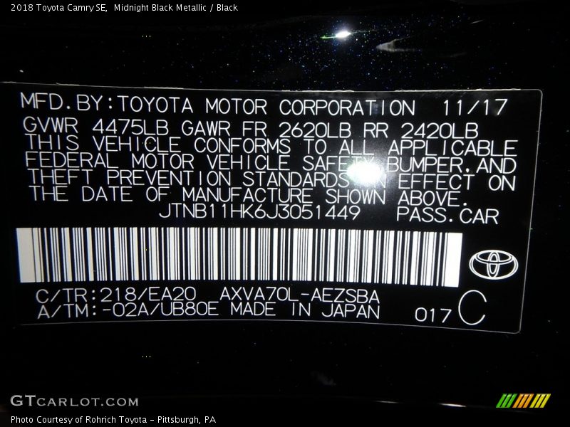 Midnight Black Metallic / Black 2018 Toyota Camry SE