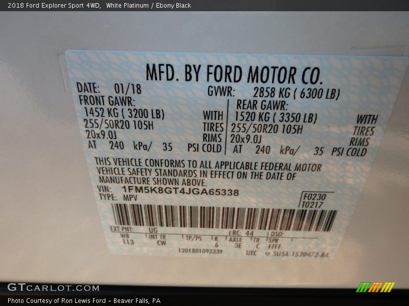 2018 Explorer Sport 4WD White Platinum Color Code UG