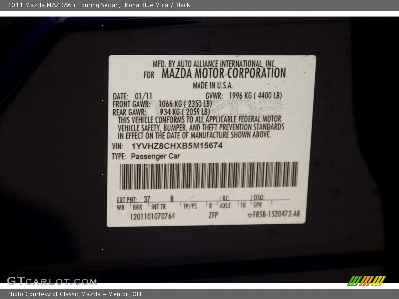 Kona Blue Mica / Black 2011 Mazda MAZDA6 i Touring Sedan