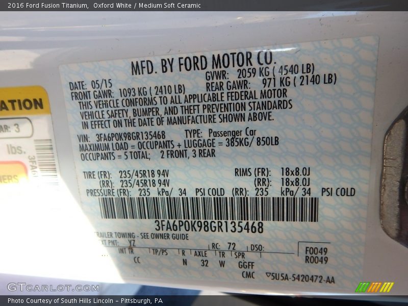 Oxford White / Medium Soft Ceramic 2016 Ford Fusion Titanium