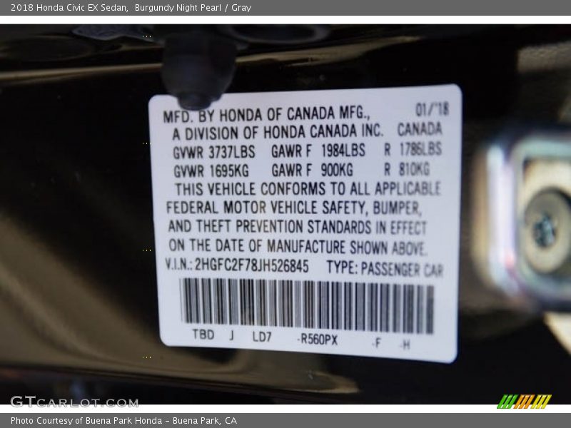 Burgundy Night Pearl / Gray 2018 Honda Civic EX Sedan