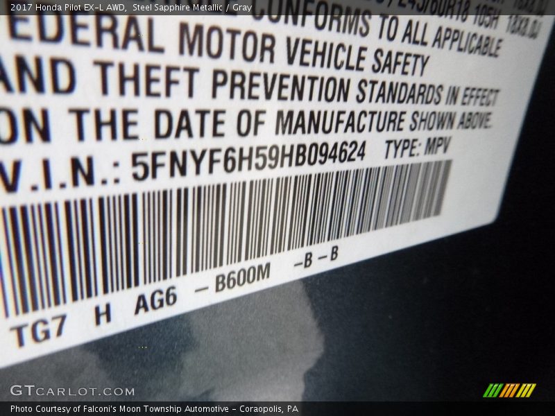 Steel Sapphire Metallic / Gray 2017 Honda Pilot EX-L AWD