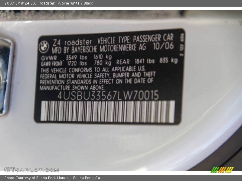 Alpine White / Black 2007 BMW Z4 3.0i Roadster