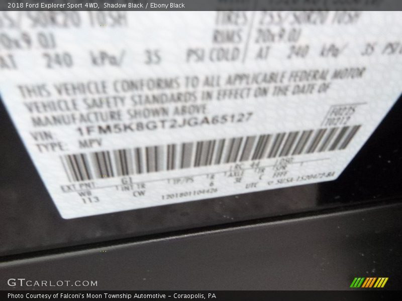 2018 Explorer Sport 4WD Shadow Black Color Code G1