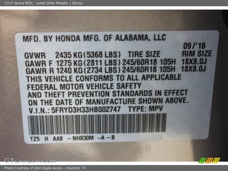 Lunar Silver Metallic / Ebony 2017 Acura MDX