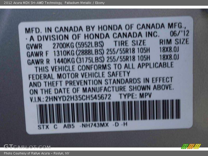 Palladium Metallic / Ebony 2012 Acura MDX SH-AWD Technology