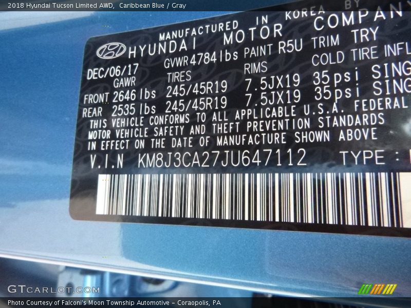 Caribbean Blue / Gray 2018 Hyundai Tucson Limited AWD