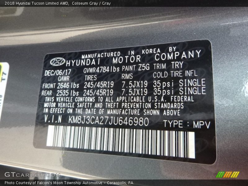 Coliseum Gray / Gray 2018 Hyundai Tucson Limited AWD