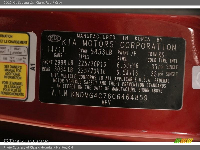 Claret Red / Gray 2012 Kia Sedona LX