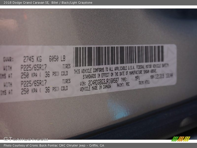 Billet / Black/Light Graystone 2018 Dodge Grand Caravan SE