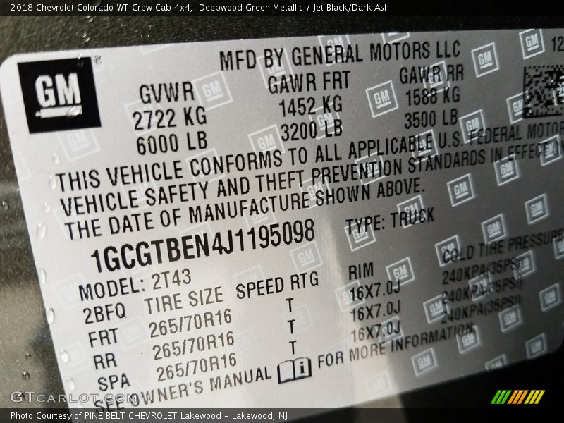 Deepwood Green Metallic / Jet Black/Dark Ash 2018 Chevrolet Colorado WT Crew Cab 4x4