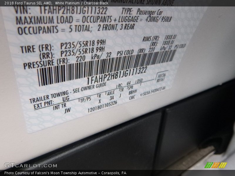 2018 Taurus SEL AWD White Platinum Color Code UG