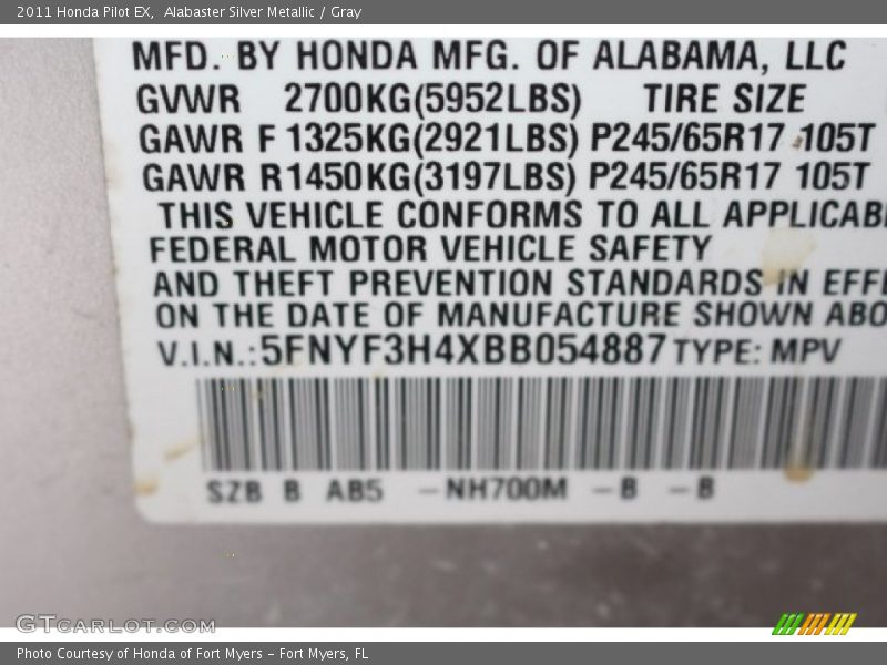 Alabaster Silver Metallic / Gray 2011 Honda Pilot EX