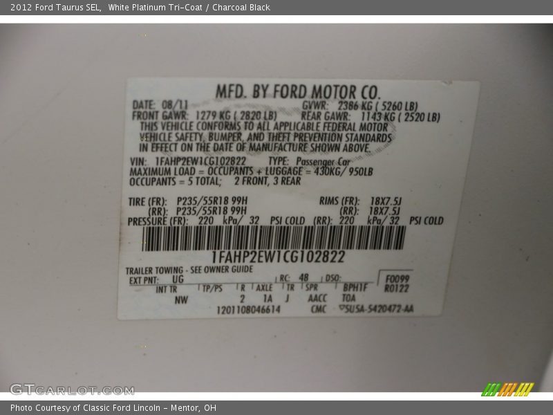 White Platinum Tri-Coat / Charcoal Black 2012 Ford Taurus SEL