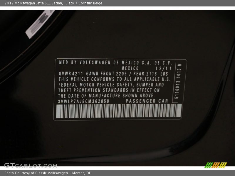 Black / Cornsilk Beige 2012 Volkswagen Jetta SEL Sedan