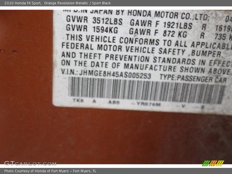 Orange Revolution Metallic / Sport Black 2010 Honda Fit Sport