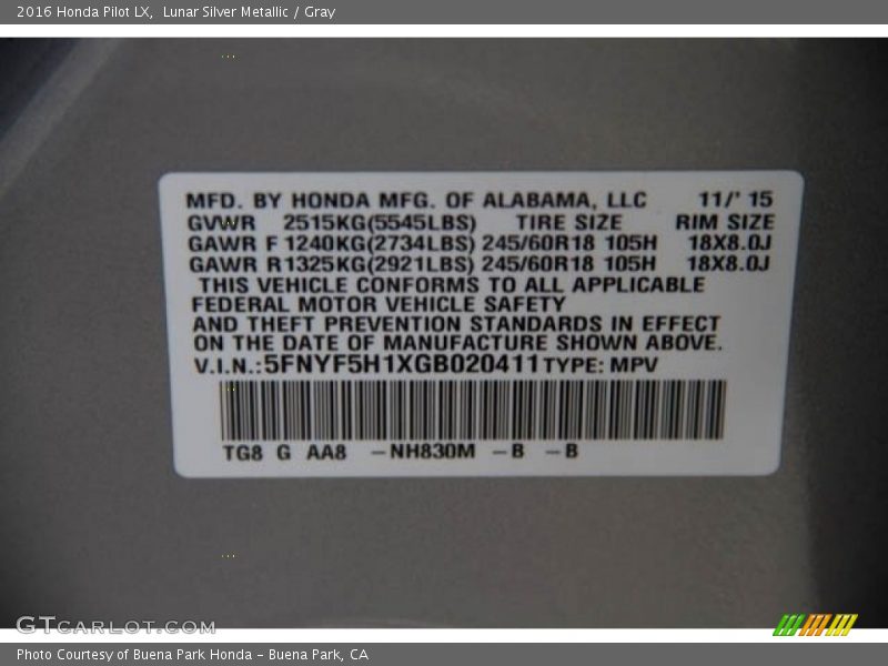 Lunar Silver Metallic / Gray 2016 Honda Pilot LX