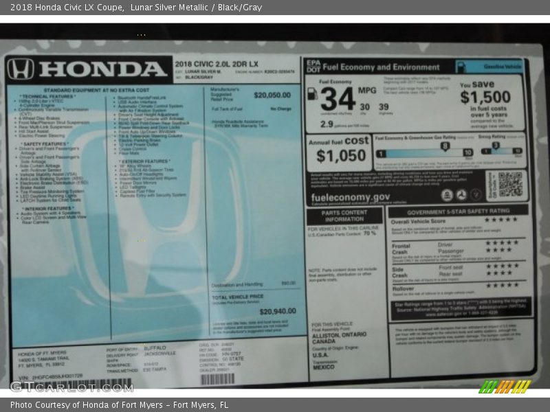 Lunar Silver Metallic / Black/Gray 2018 Honda Civic LX Coupe