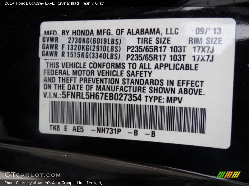 Crystal Black Pearl / Gray 2014 Honda Odyssey EX-L