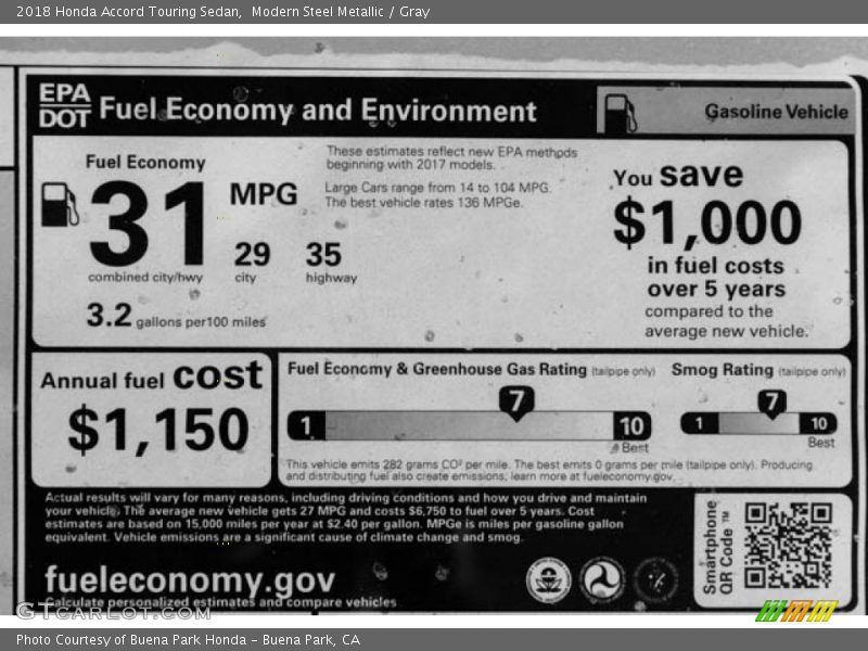 Modern Steel Metallic / Gray 2018 Honda Accord Touring Sedan