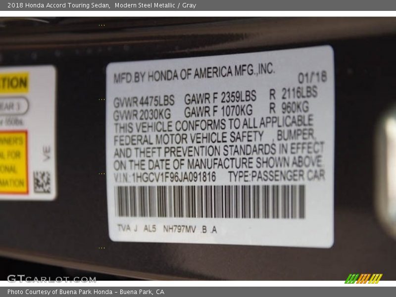 Modern Steel Metallic / Gray 2018 Honda Accord Touring Sedan