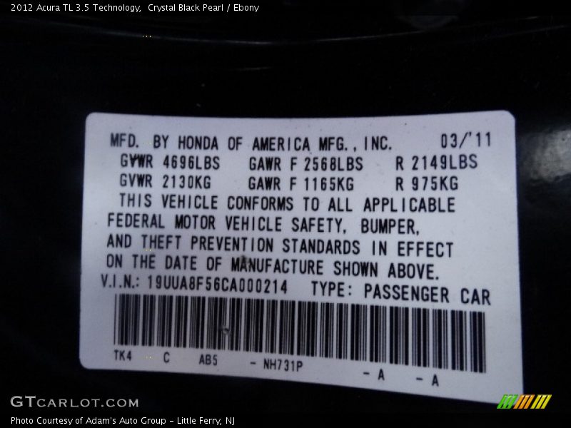 Crystal Black Pearl / Ebony 2012 Acura TL 3.5 Technology