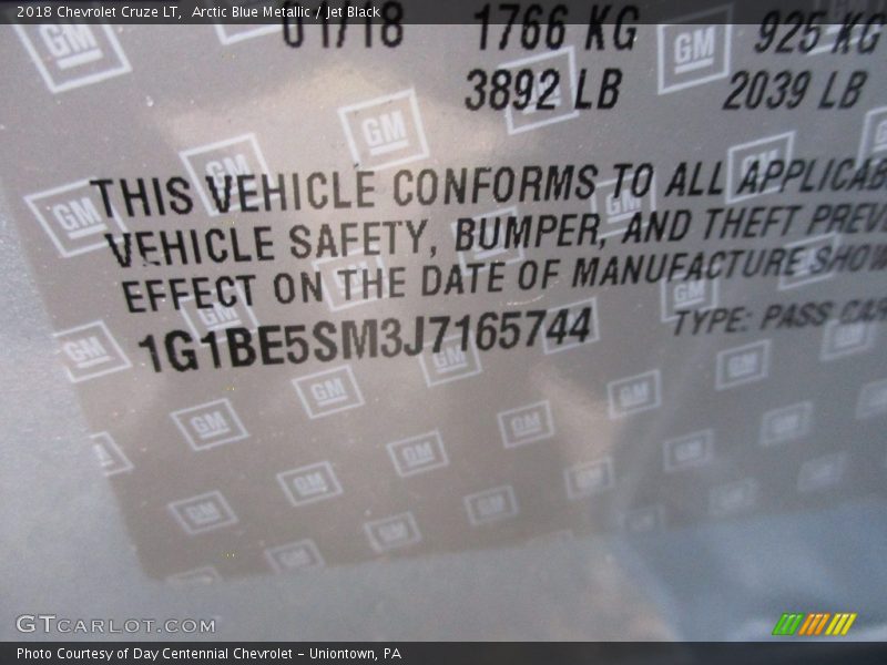 Arctic Blue Metallic / Jet Black 2018 Chevrolet Cruze LT